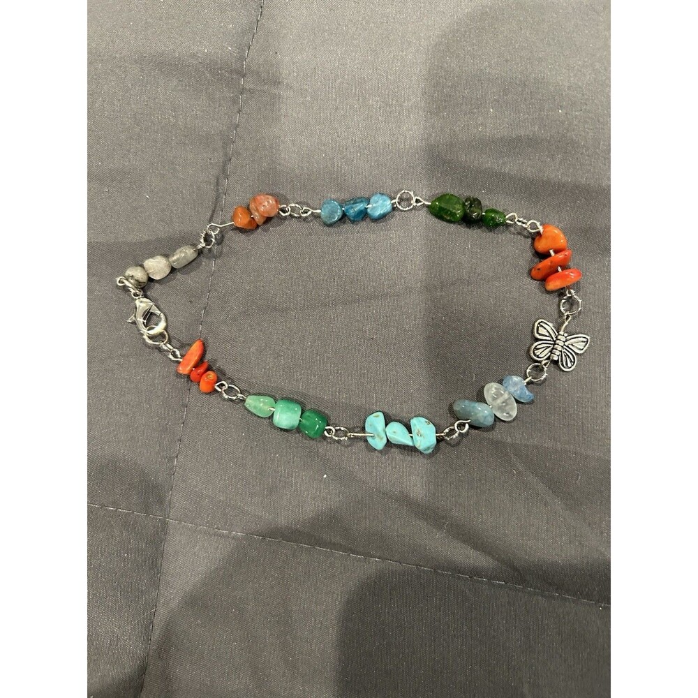 Ankle Bracelet With Butterfly And Natural Stones